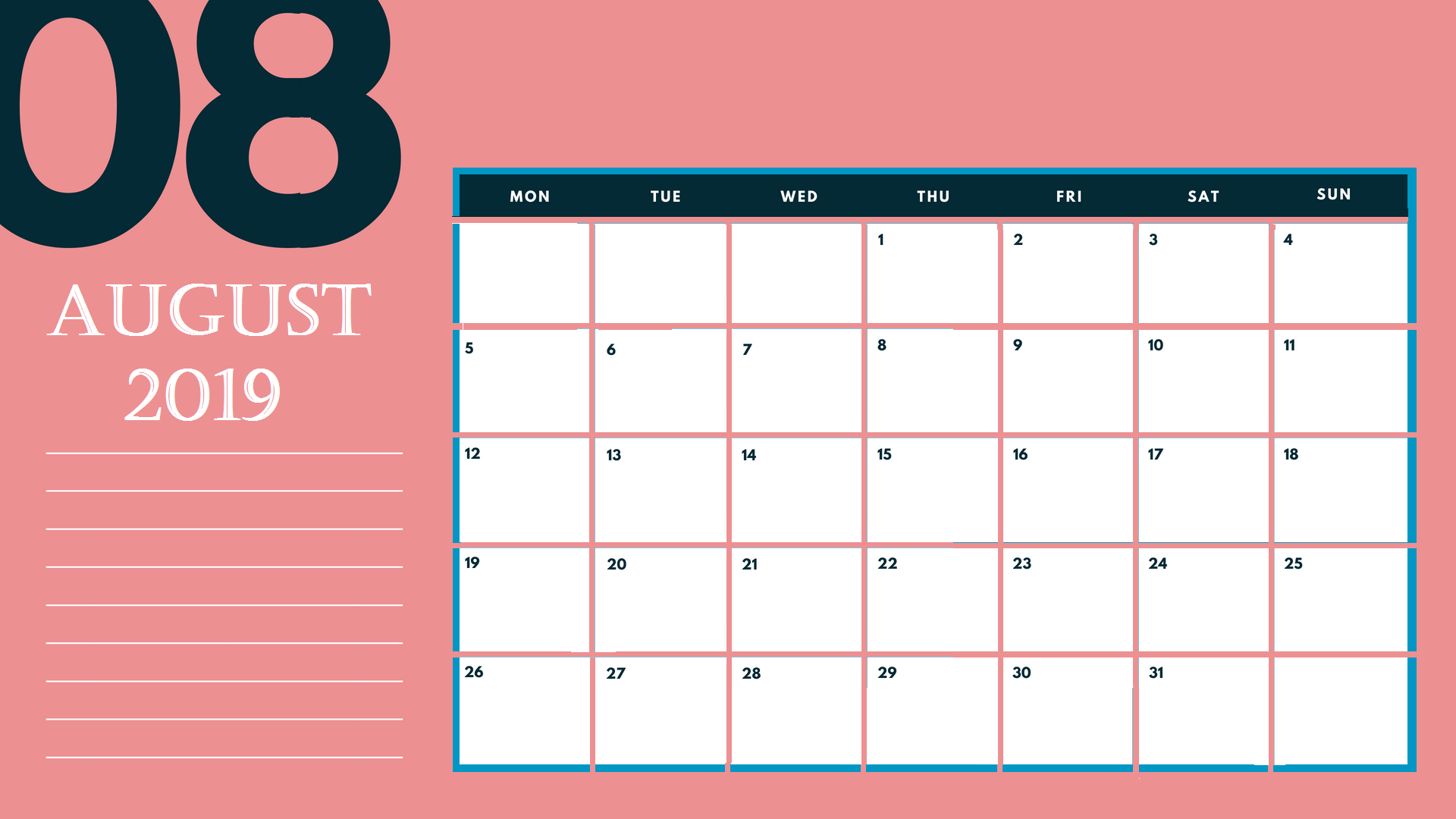 2019 August Calendar Template - Free Printable Calendar Templates