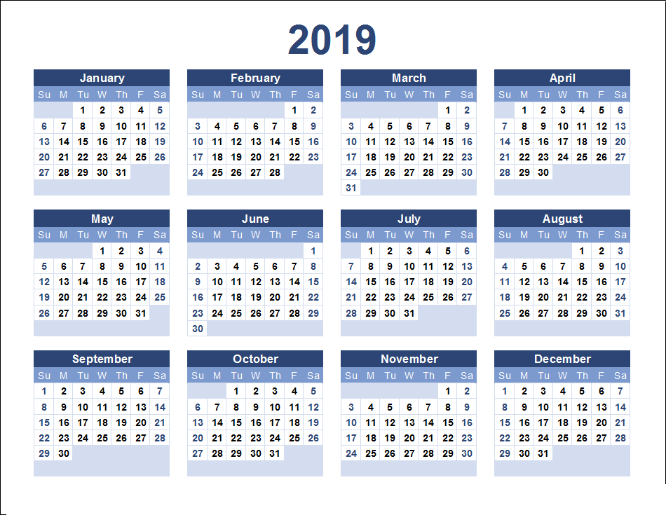 2019 Calendar Template Excel