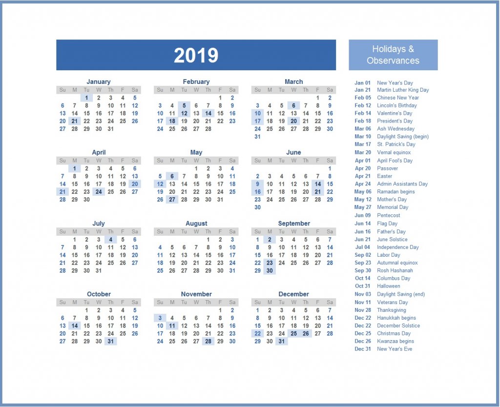 2019 Monthly USA Holidays Calendar