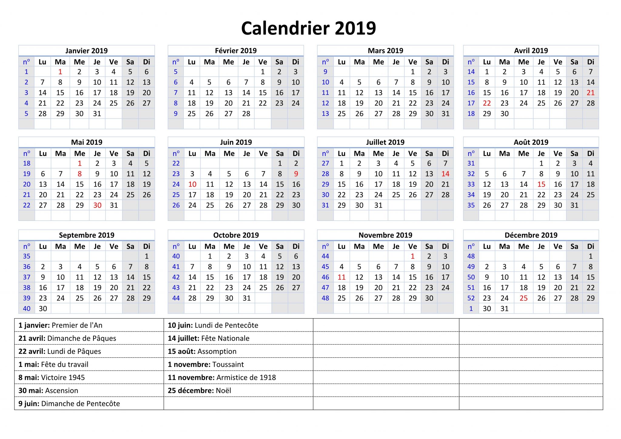 2019 Calendrier France