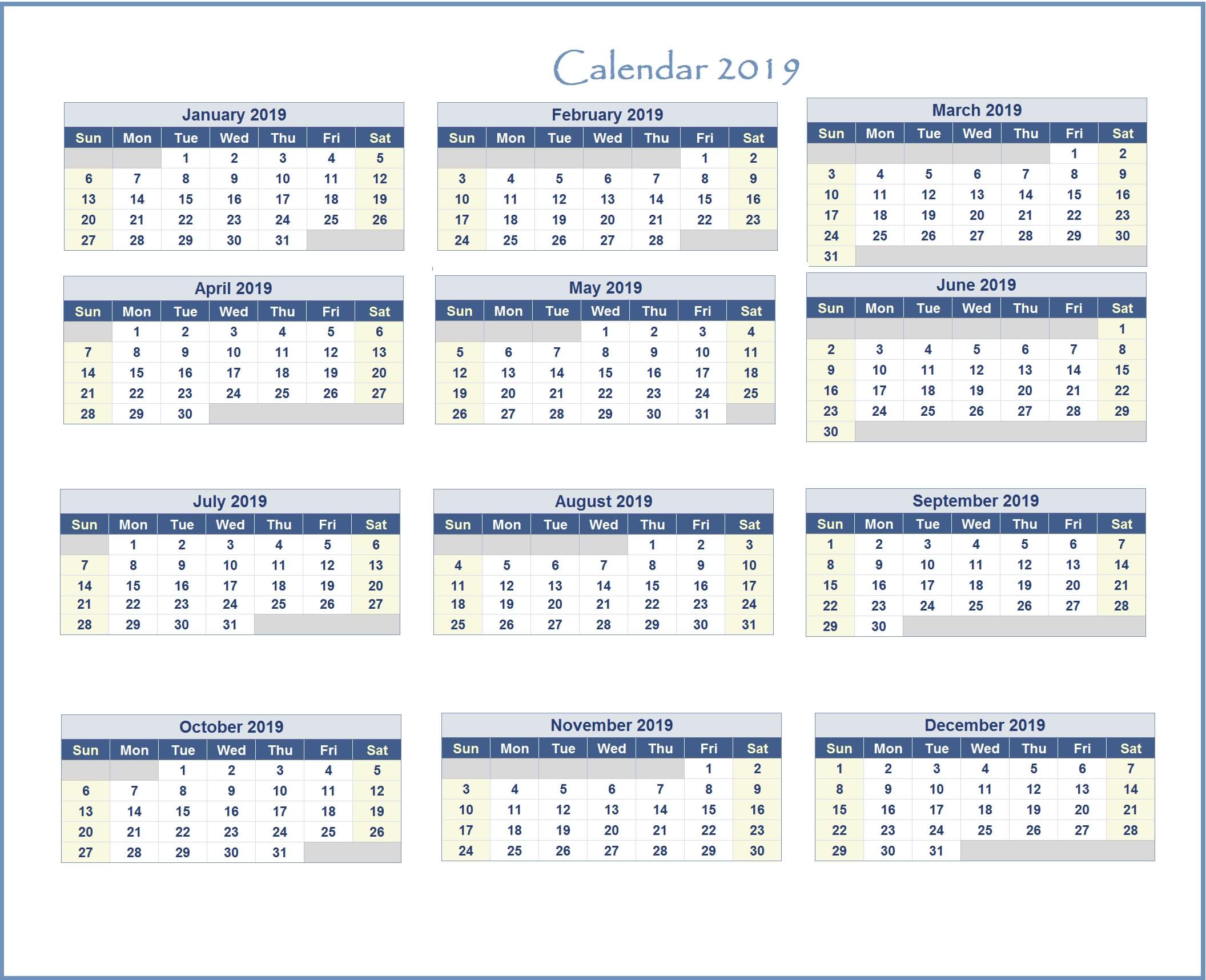 2019 Excel Calendar