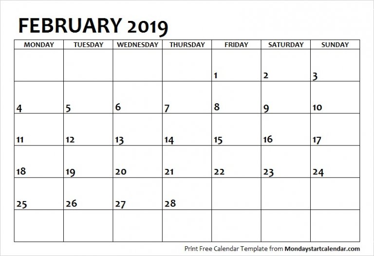 Calendar February 2019 PDF Printable Template