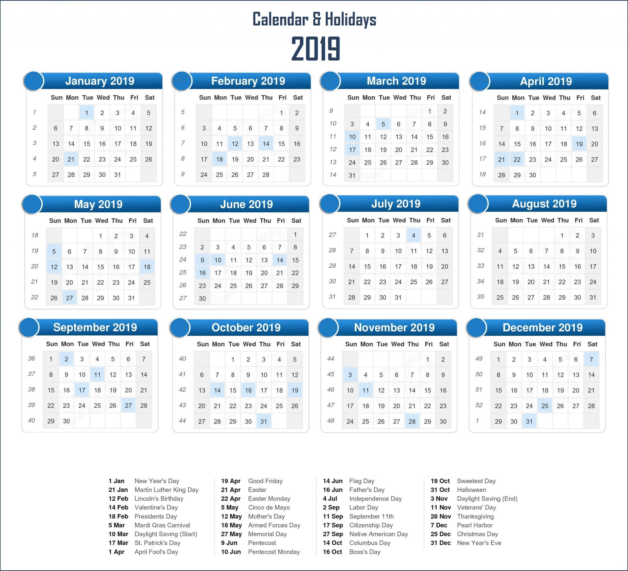 2019 Holidays Calendar Template