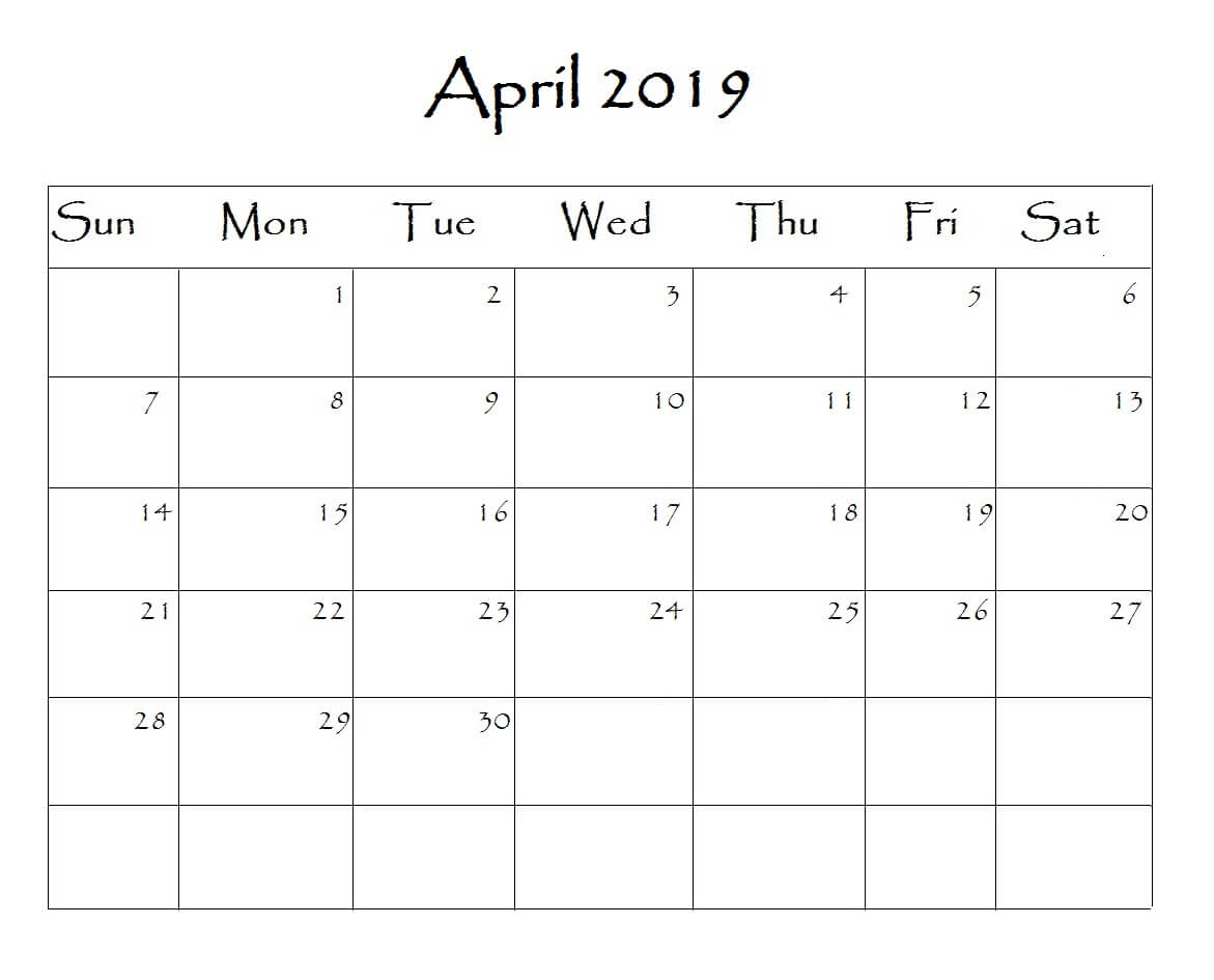 April 2019 Calendar Word
