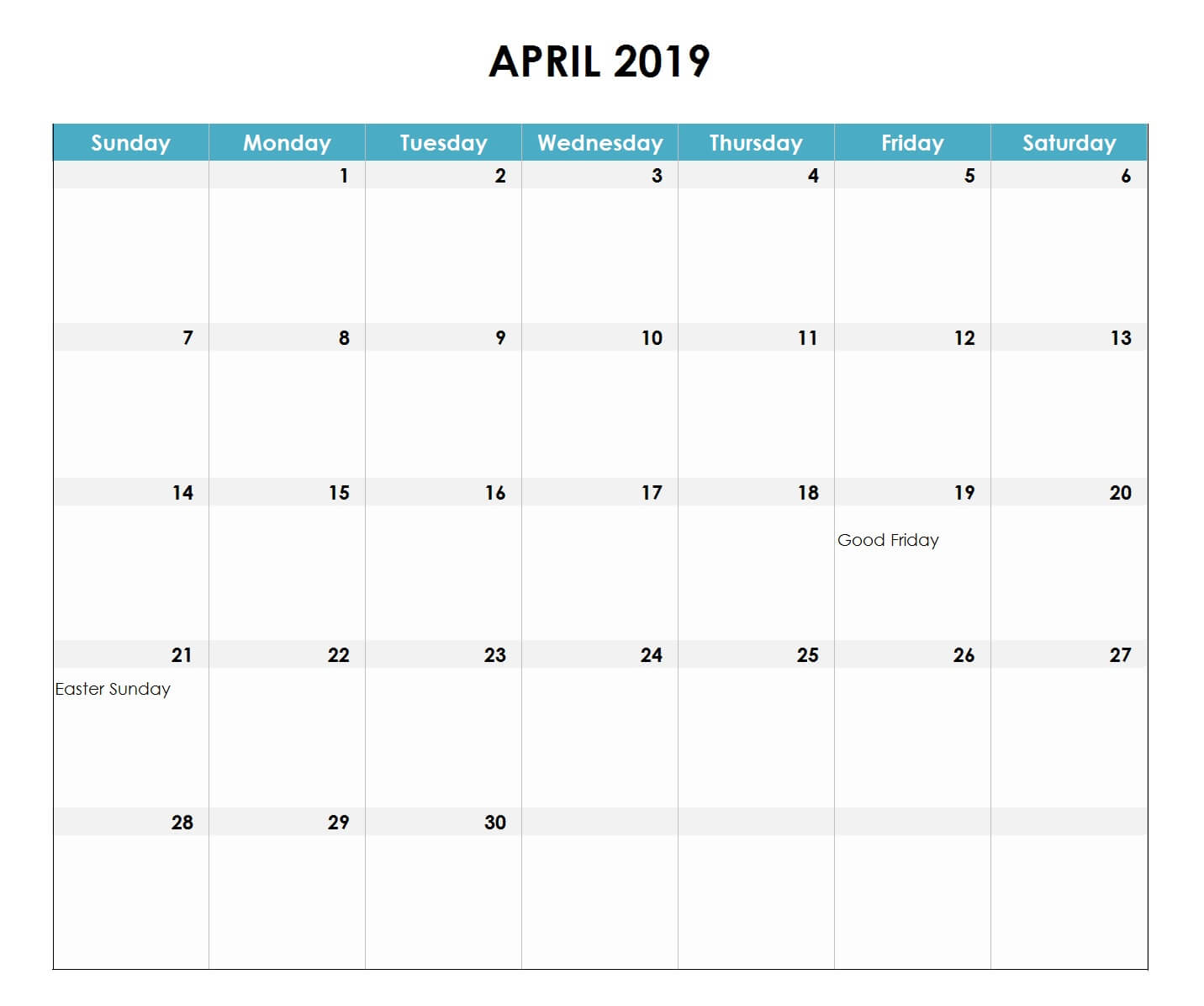April 2019 Excel Calendar