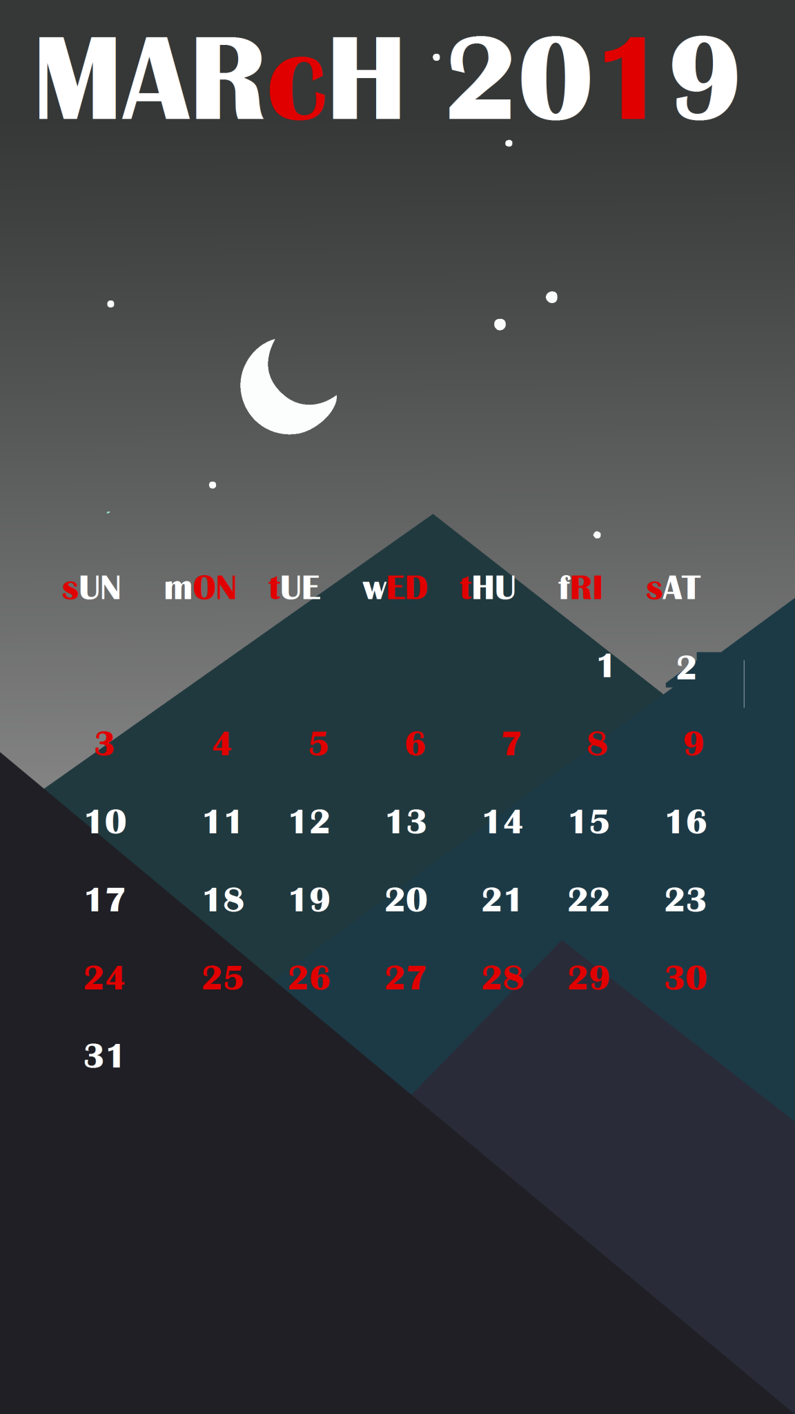 Black Background March 2019 iPhone Calendar