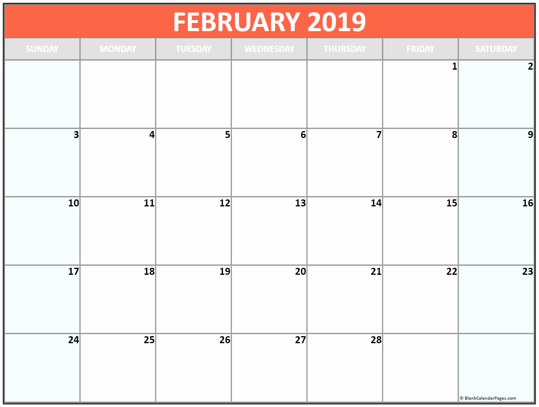 Blank Calendar February 2019 Printable