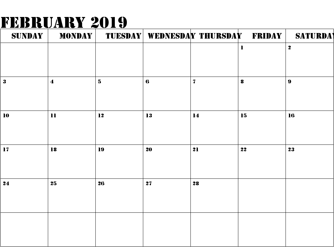Blank Calendar February 2019 Printable Word