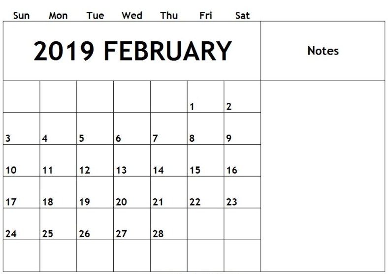 Blank Calendar February 2019 With Notes