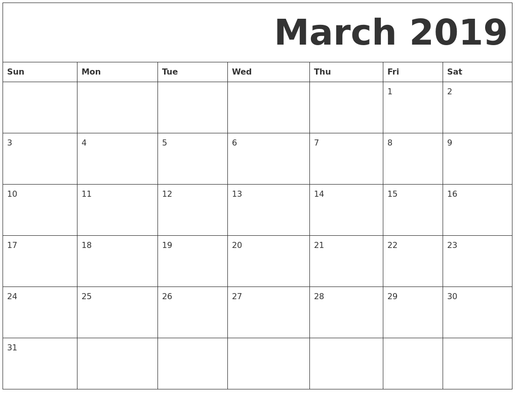 Blank Calendar March 2019