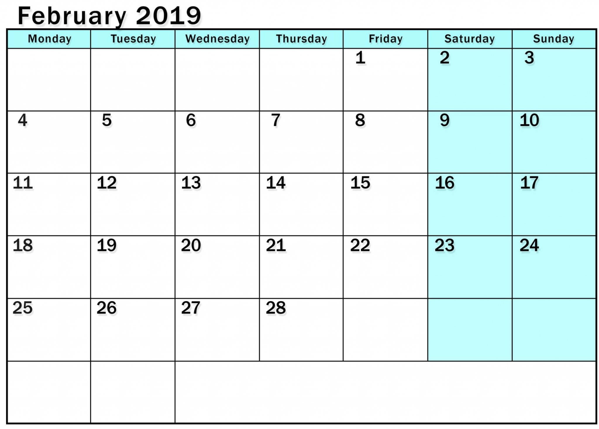 Blank Calendar Pages February 2019