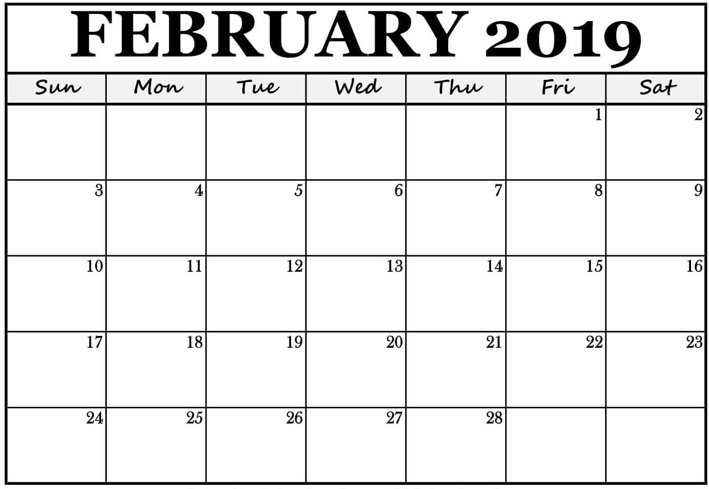 Blank February 2019 Calendar PDF