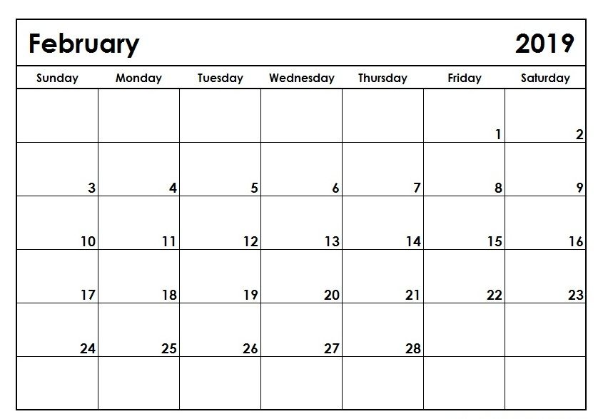 Blank Monthly Calendar February 2019