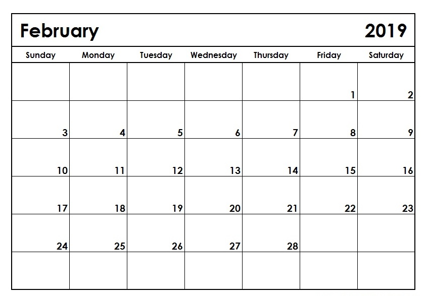 Blank Printable February 2019 Calendar