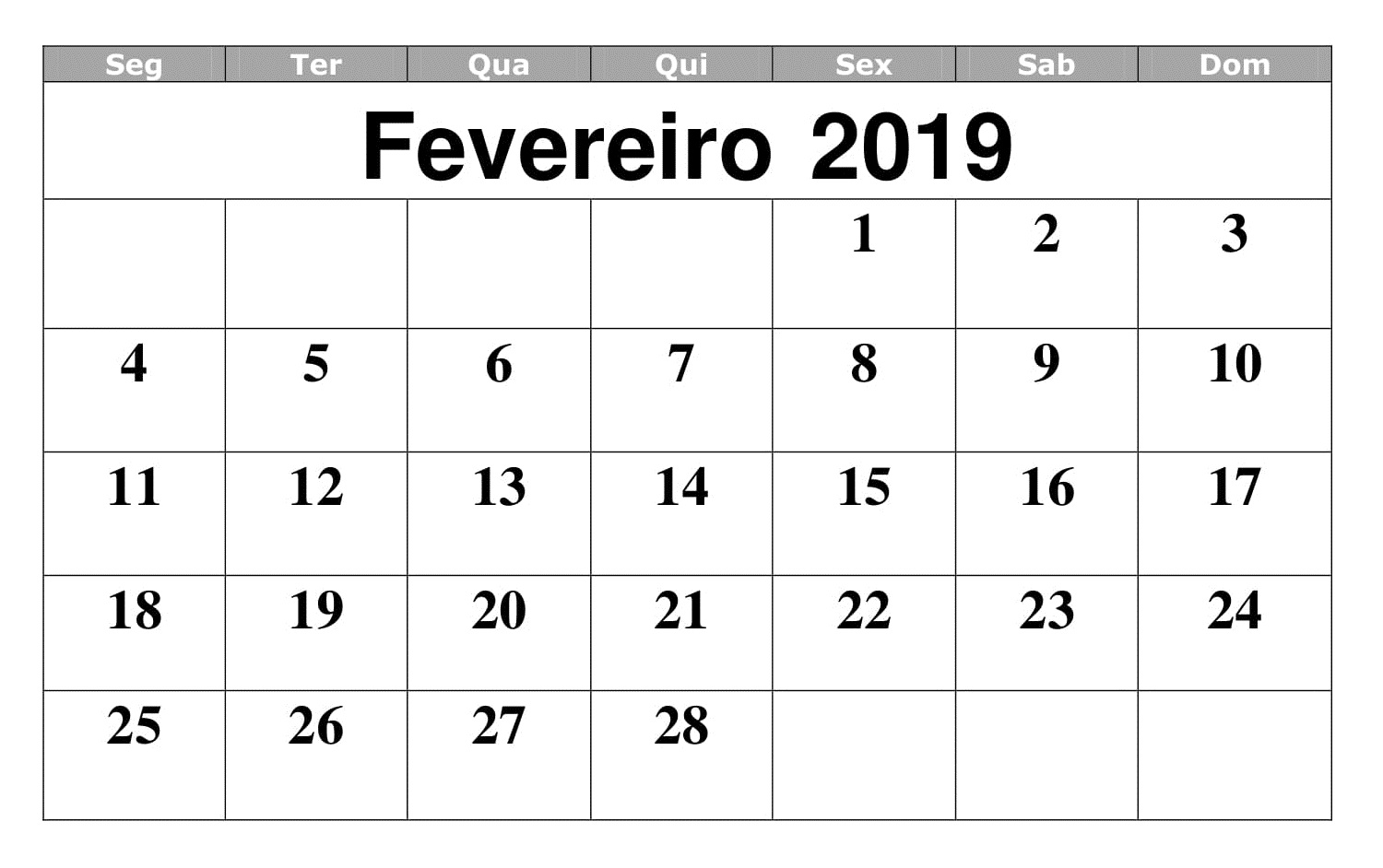 Calendario excel 2019