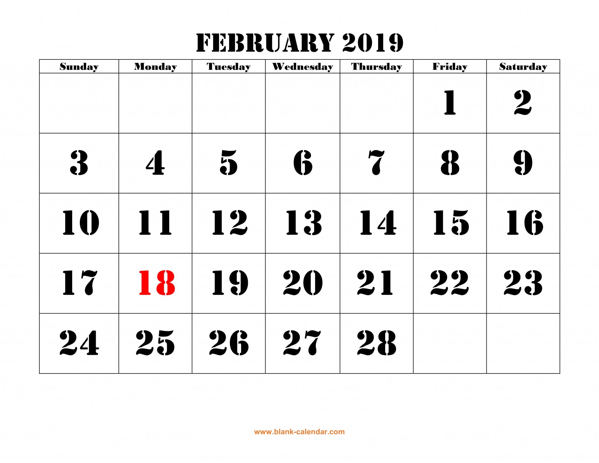 Calendar 2019 February Template