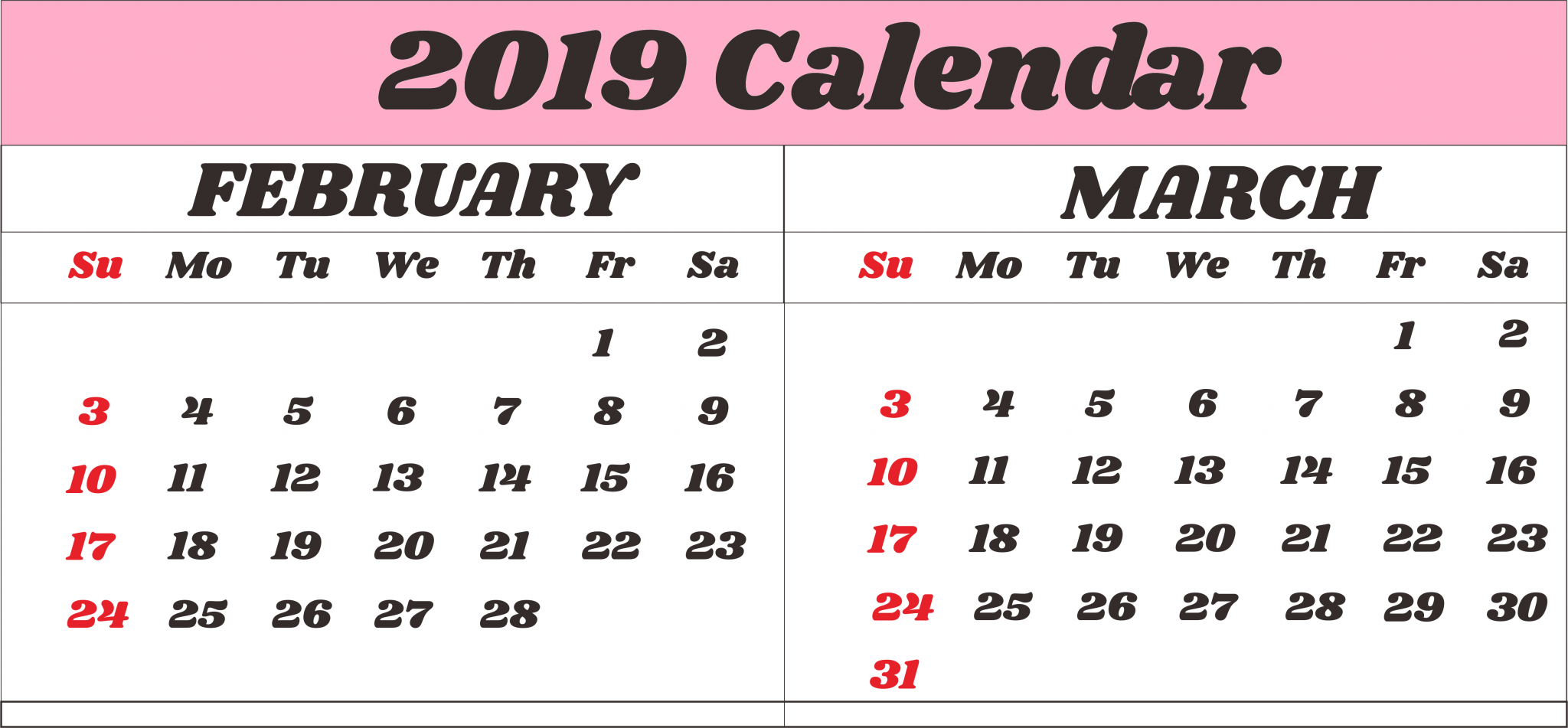 Calendar February March 2019 Printable