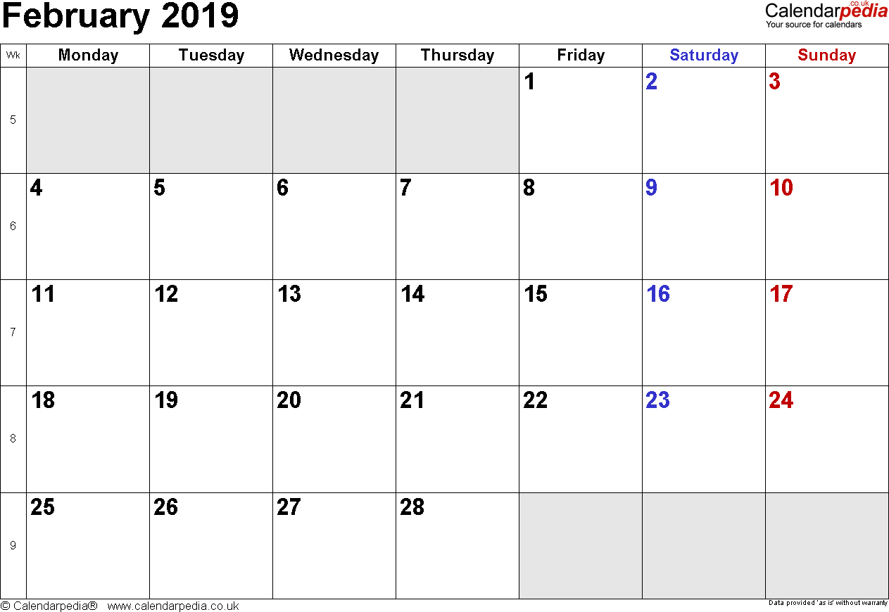 Calendar Month of February 2019