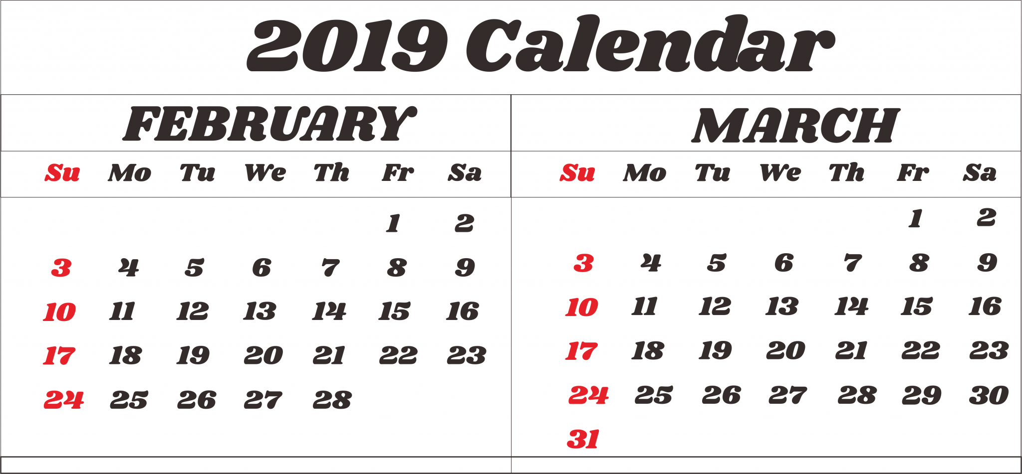 Calendar of February and March 2019