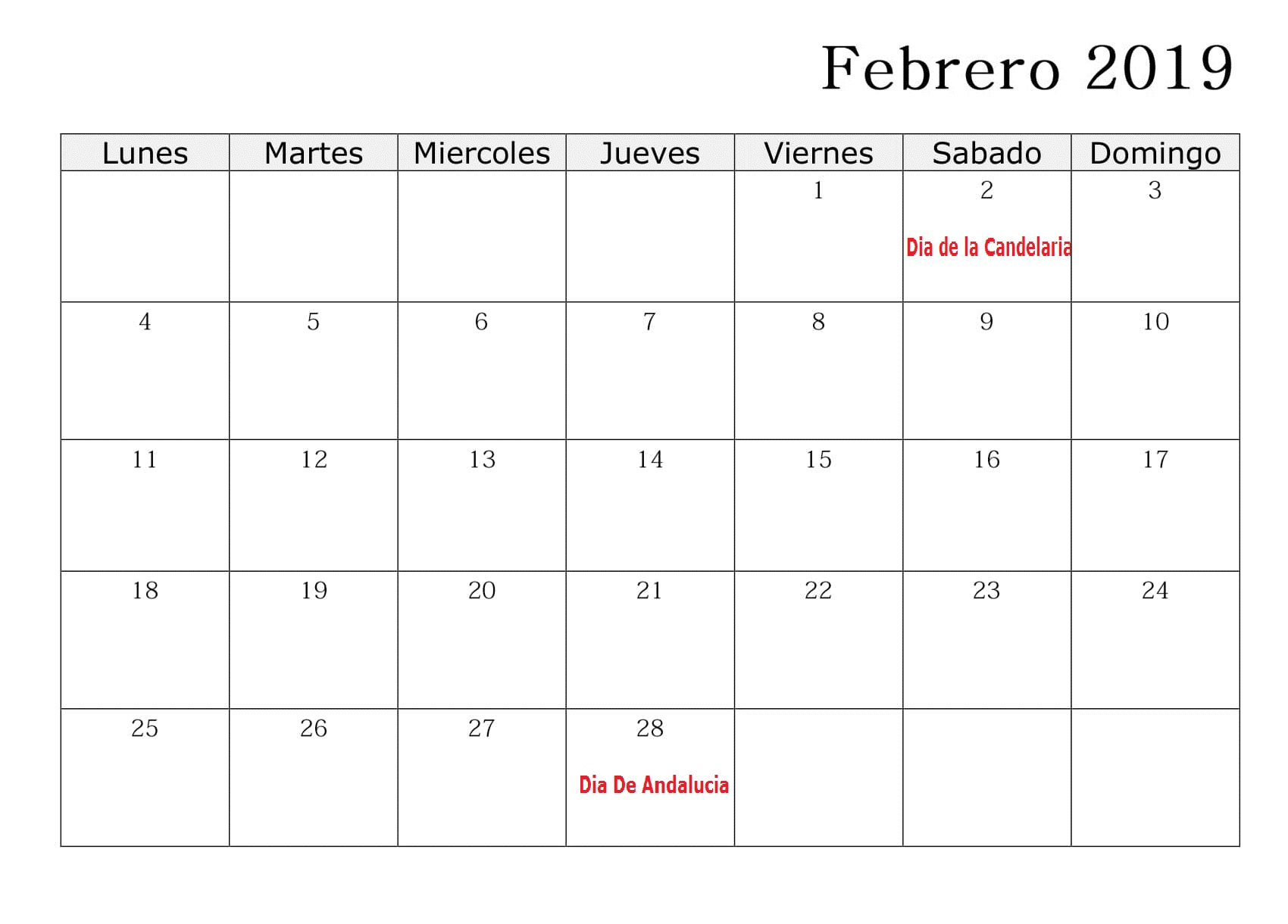 Calendario 2019 Con Cuadro Festivos Febrero