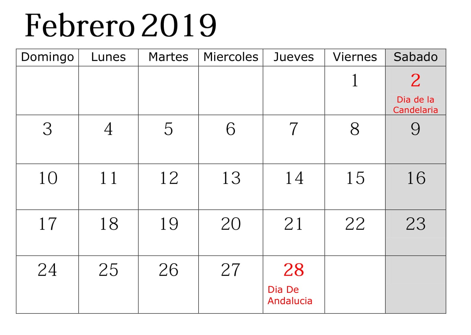 Calendario 2019 Grande Con Festivos Febrero