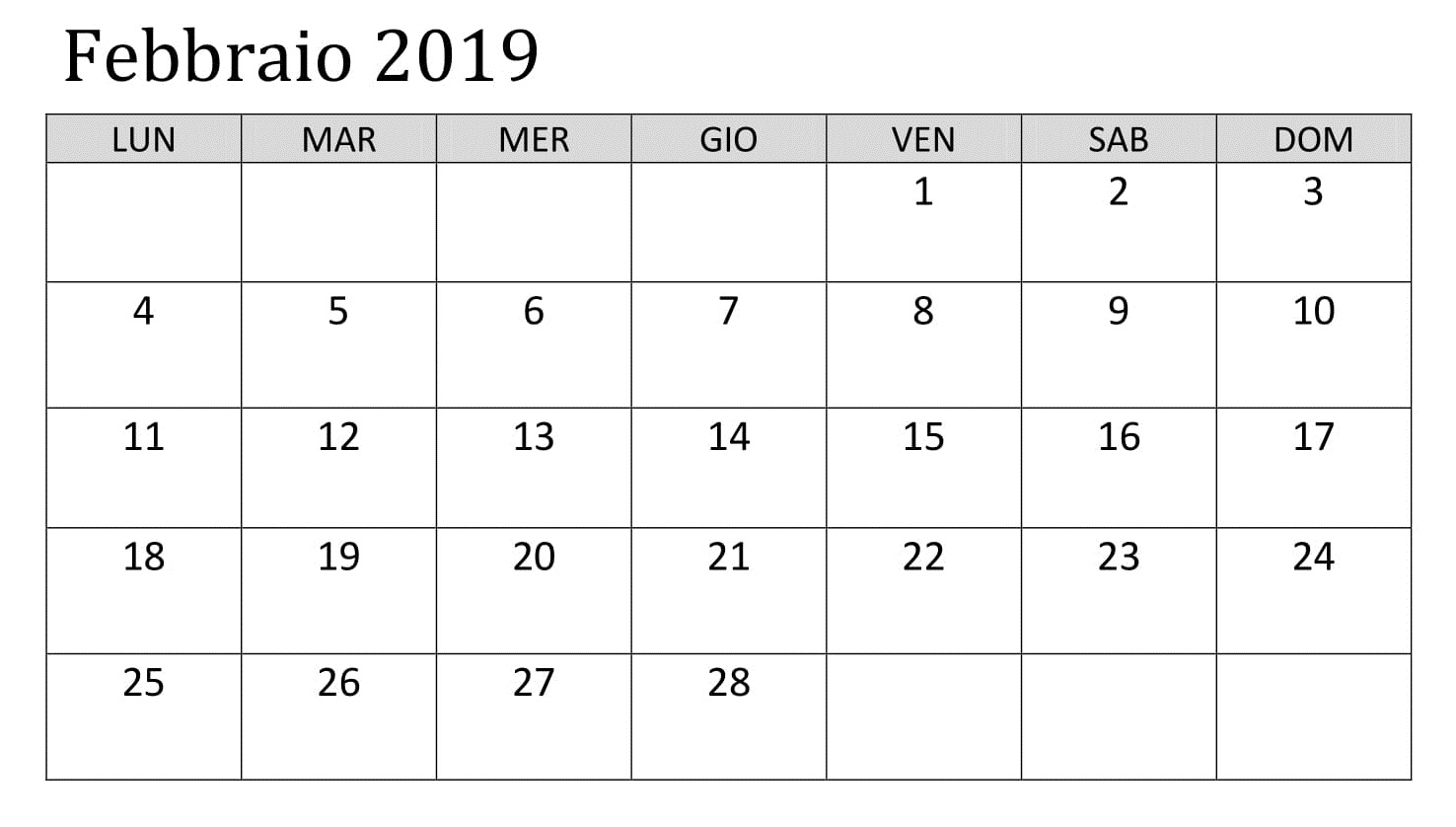 Calendario Febbraio 2019 PDF Formato