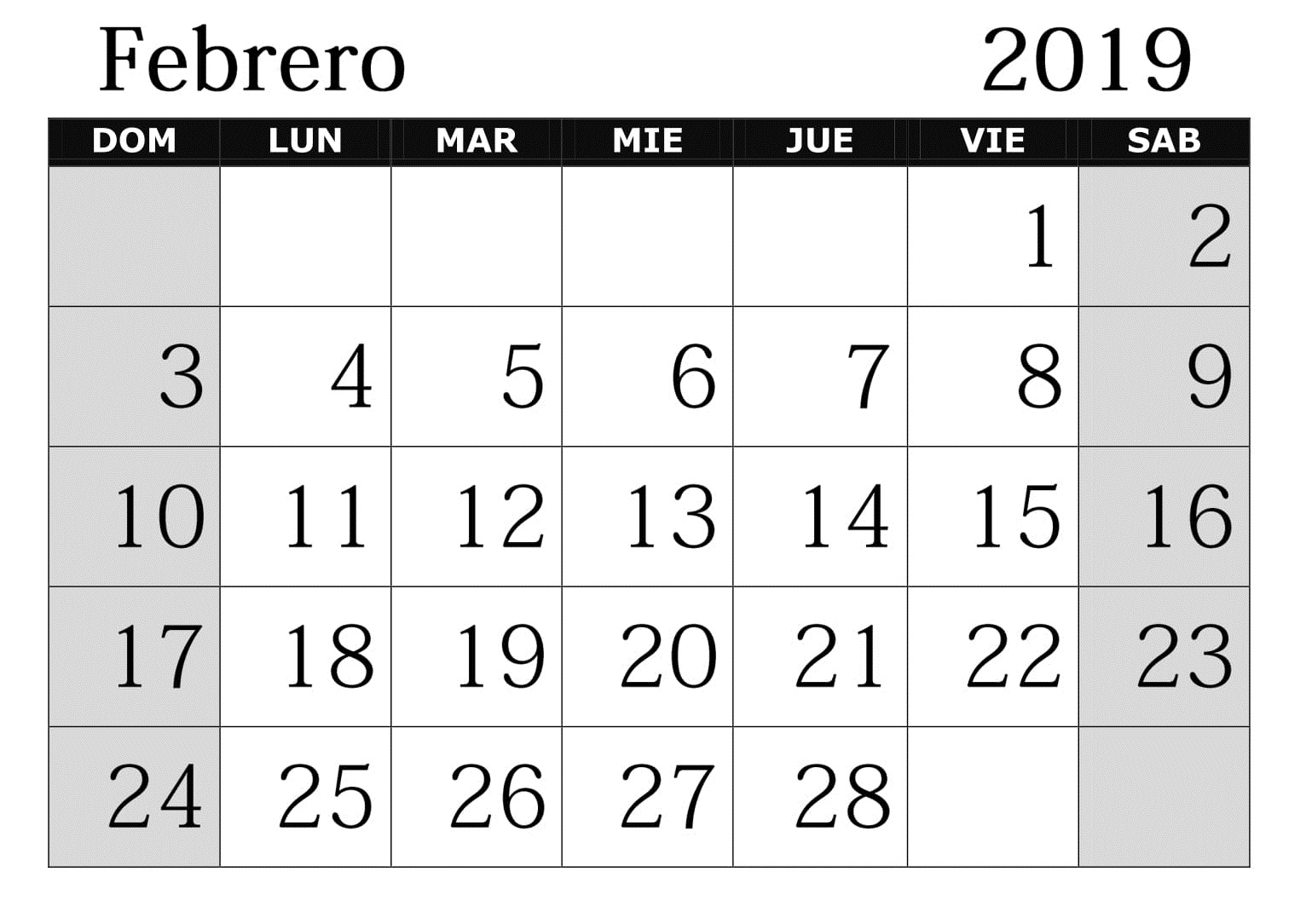 Calendario Febrero 2019 Con Festivos Diseno
