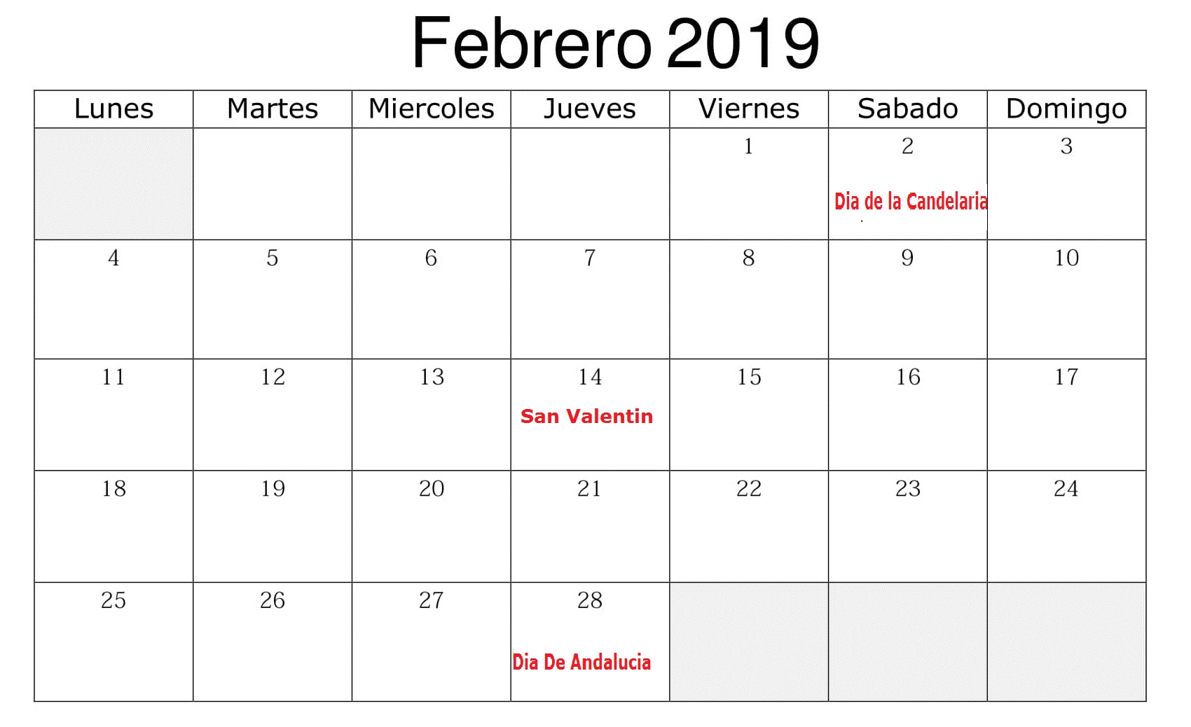 Calendario Febrero 2019 Con Festivos Negocios
