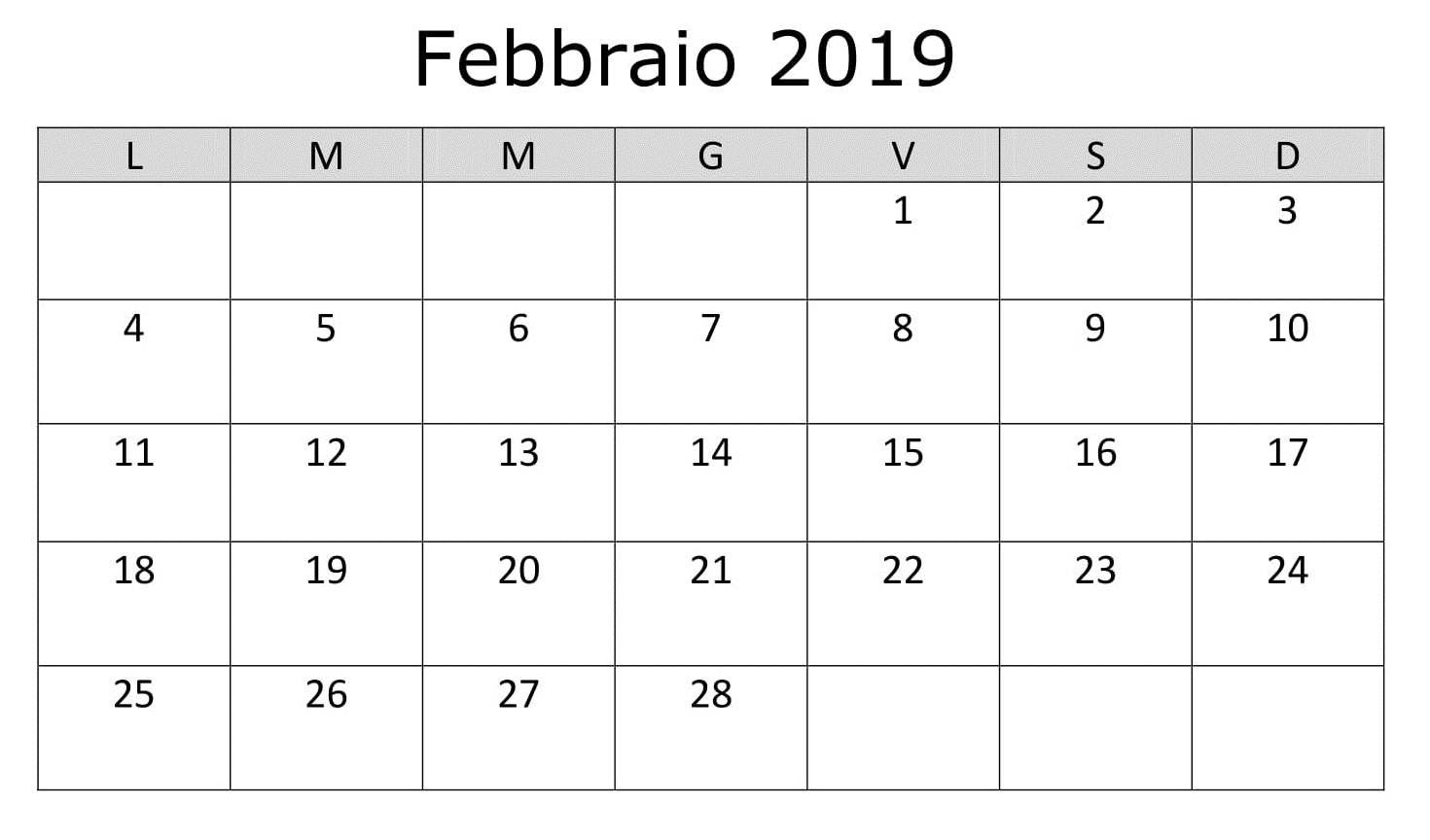 Calendario Mensile 2019 PDF Febbraio