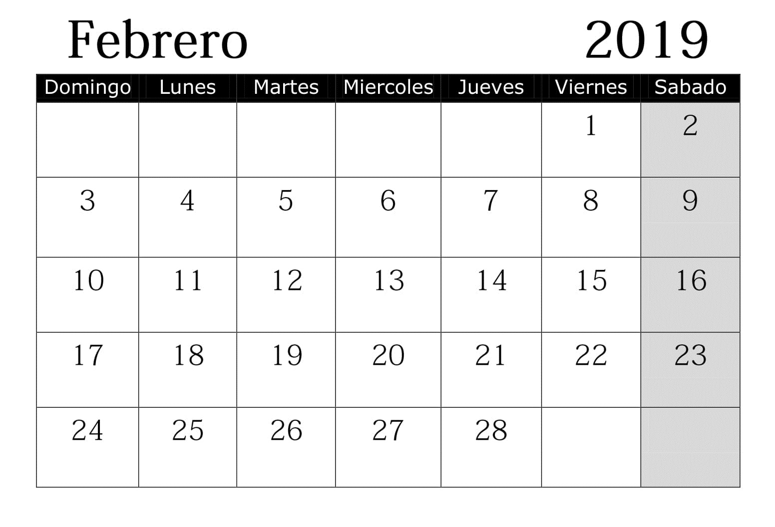 Calendario Mes 2019 Con Festivos Febrero