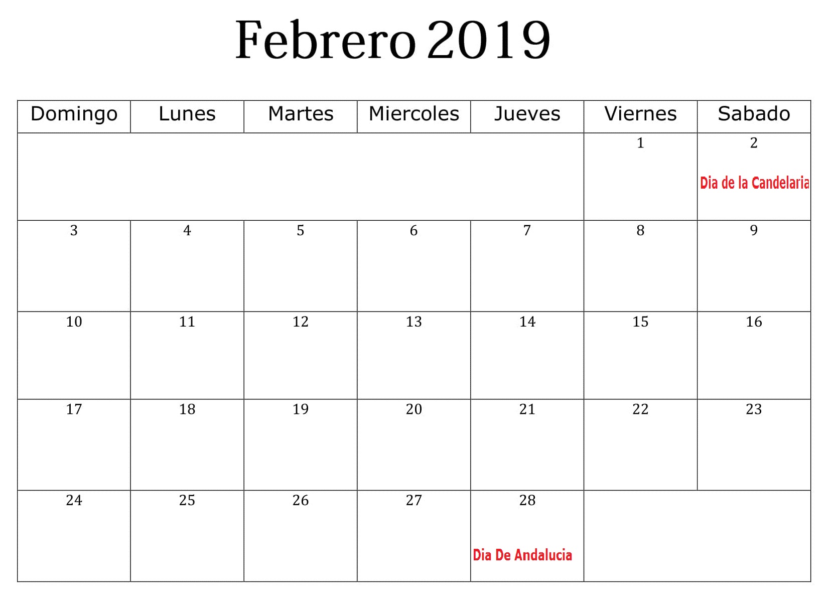 Calendario PDF Febrero 2019 Con Festivos