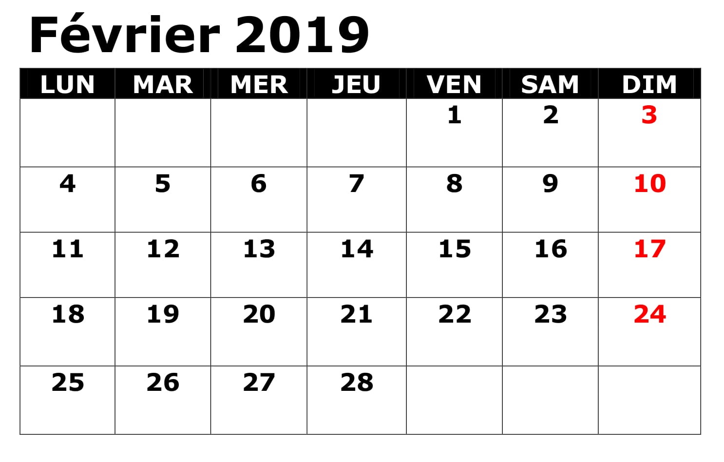 Calendrier 2019 Février Table