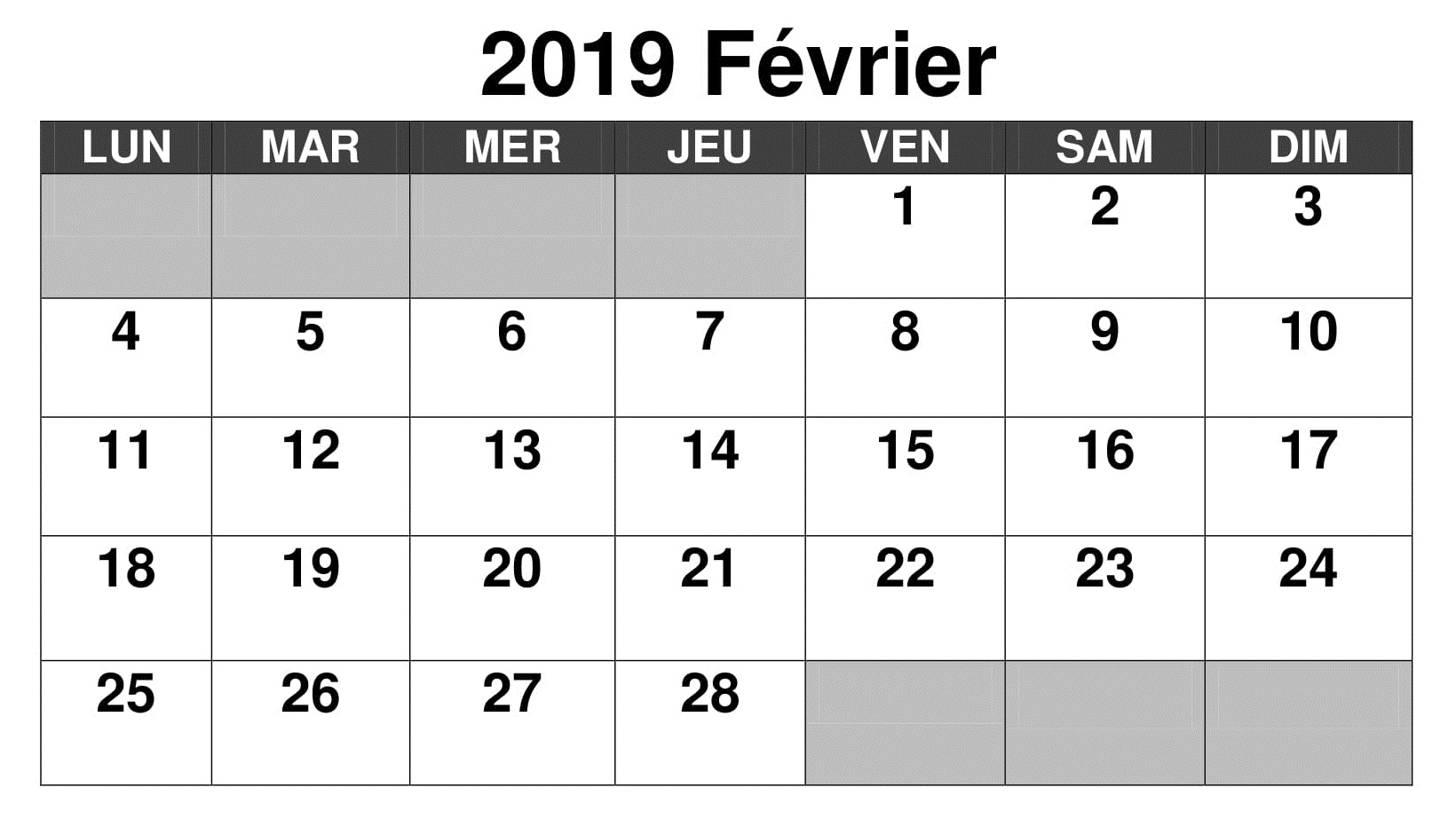 Calendrier Février 2019 PDF Modele