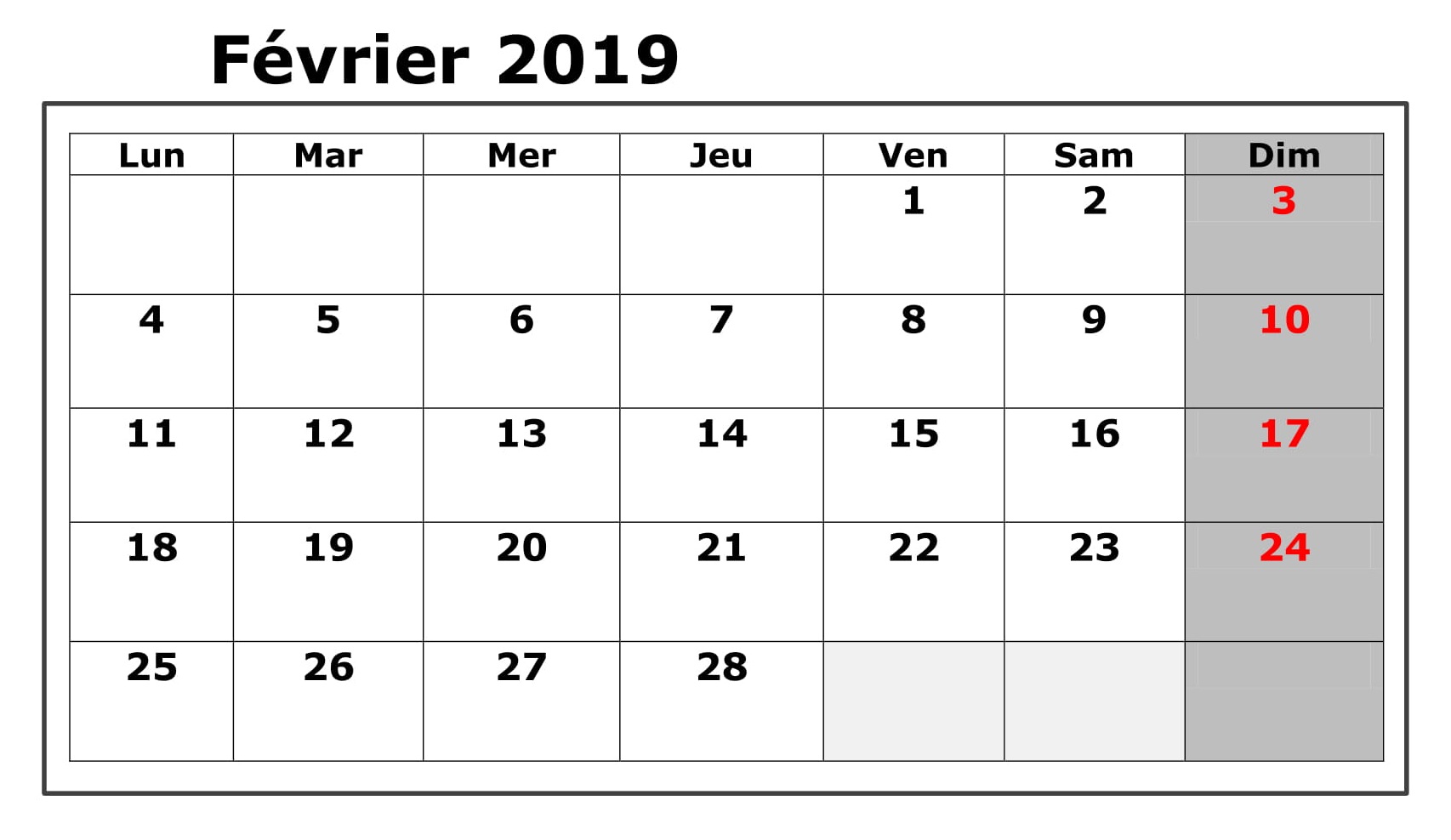 Calendrier Février 2019 PDF Vacances
