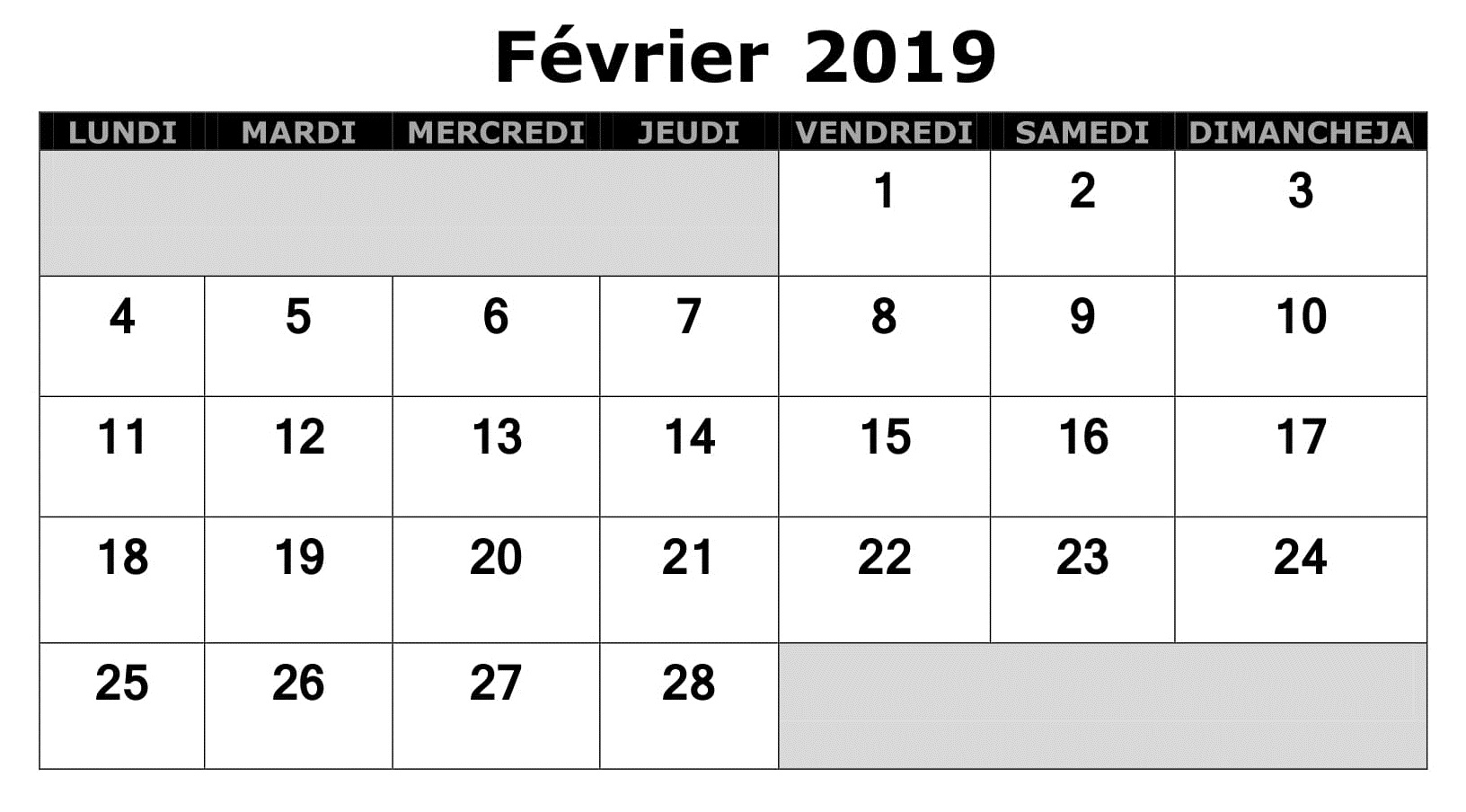 Calendrier Février PDF 2019