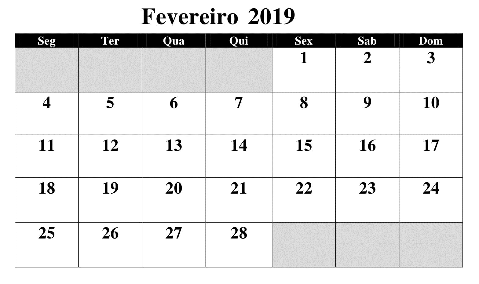 Calendário 2019 Fevereiro Grande