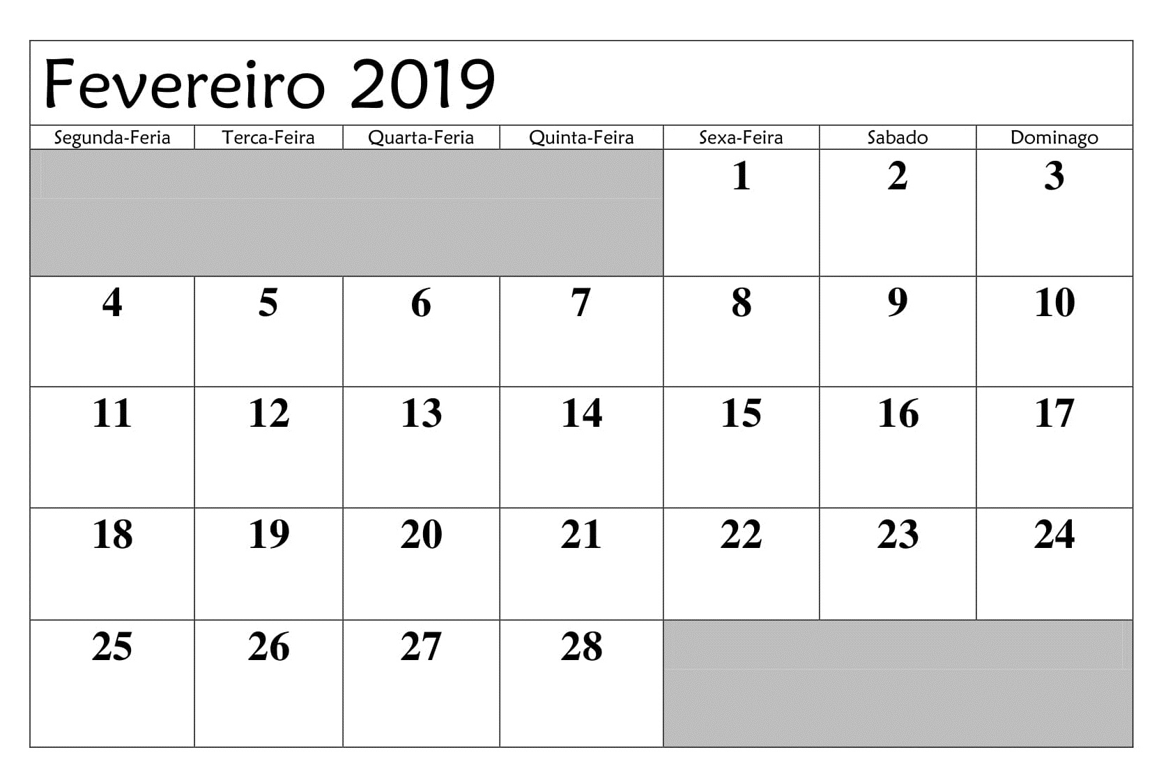 Calendário 2019 Fevereiro Gratis