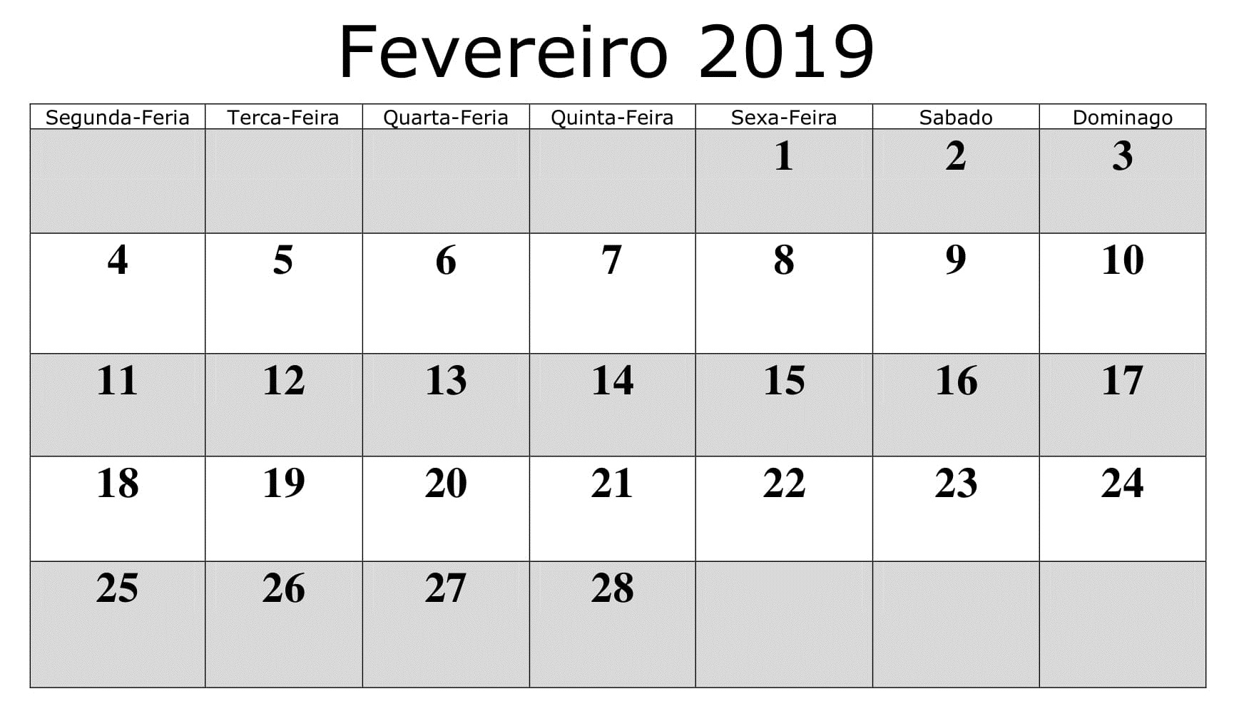 Calendário 2019 Fevereiro Vacaciones