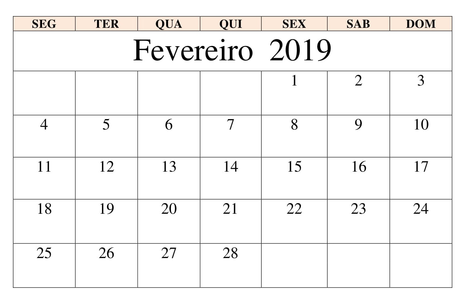 Calendário Diseno Fevereiro 2019