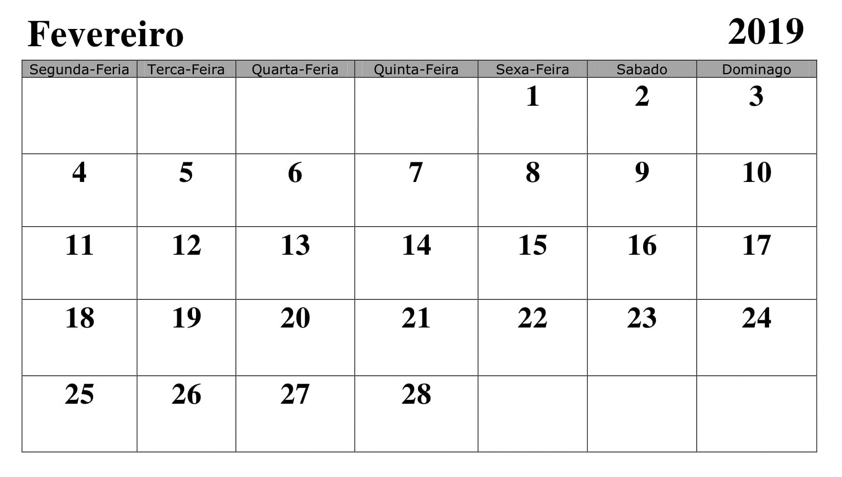 Calendário Fevereiro Excel 2019