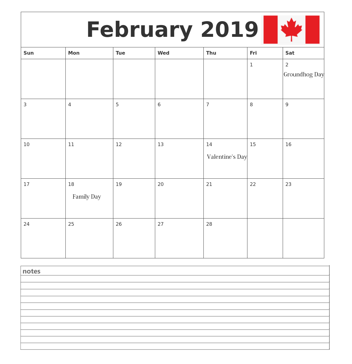 Canada February 2019 Calendar