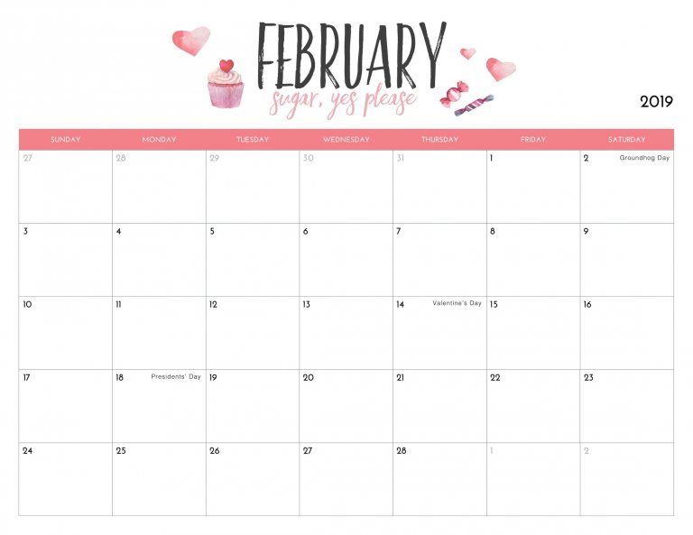 Cute February 2019 Calendar Monthly Printable