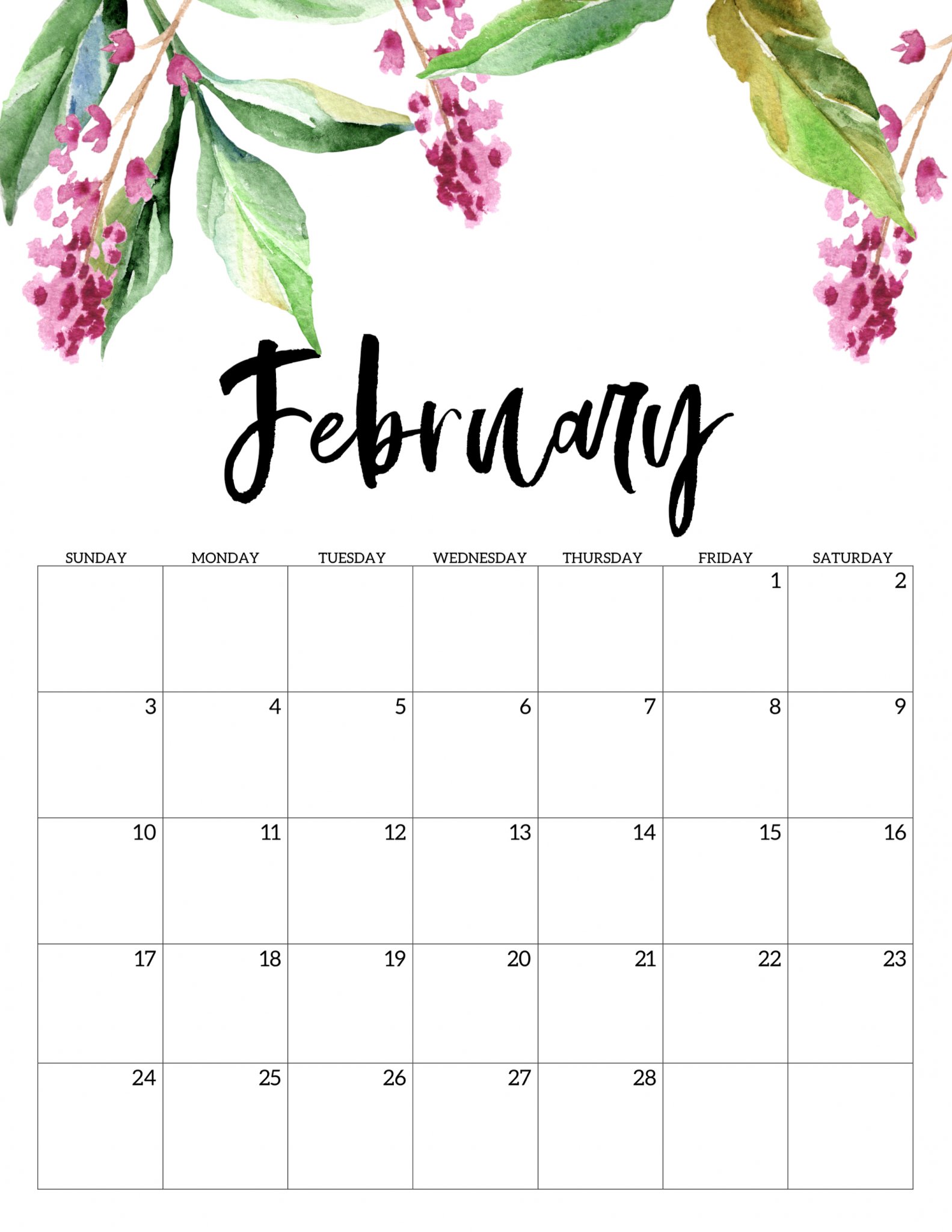 Cute February 2019 Floral Calendar