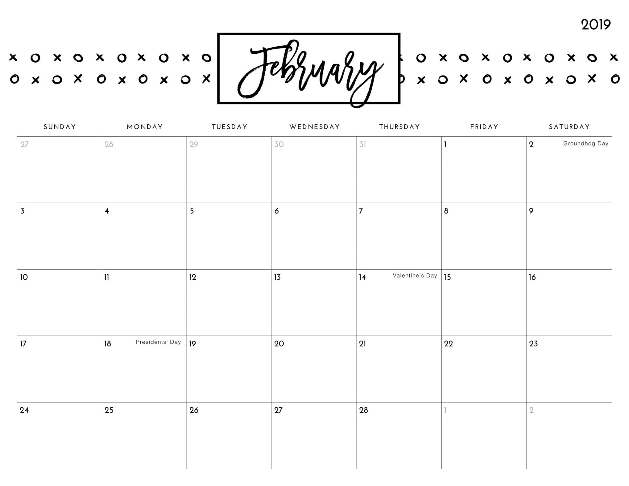 Cute February 2019 Printable Calendar