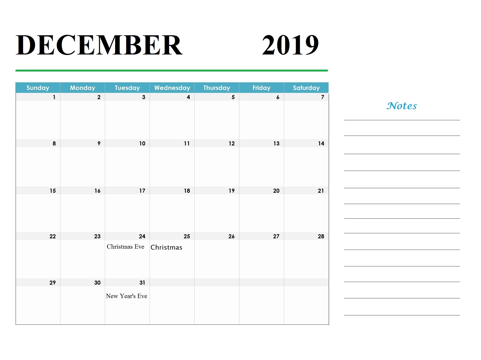 December 2019 Holidays Calendar Template