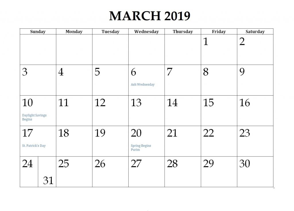 March 2019 Calendar Editable