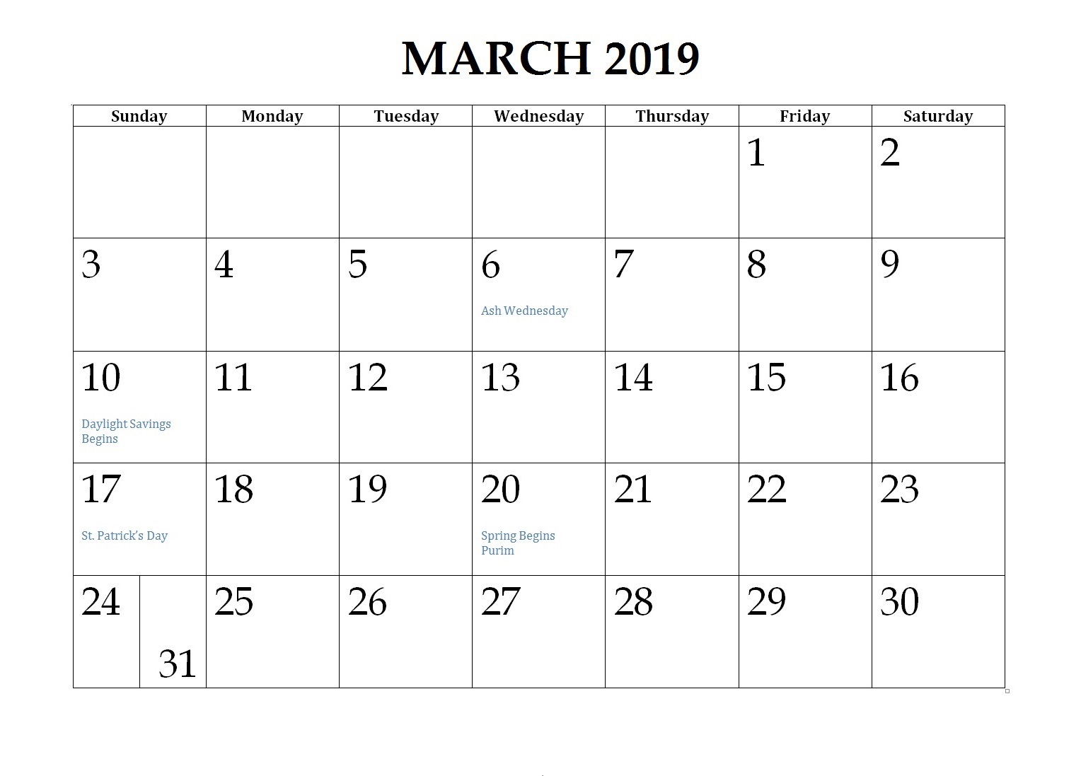 Edit March 2019 Calendar Online
