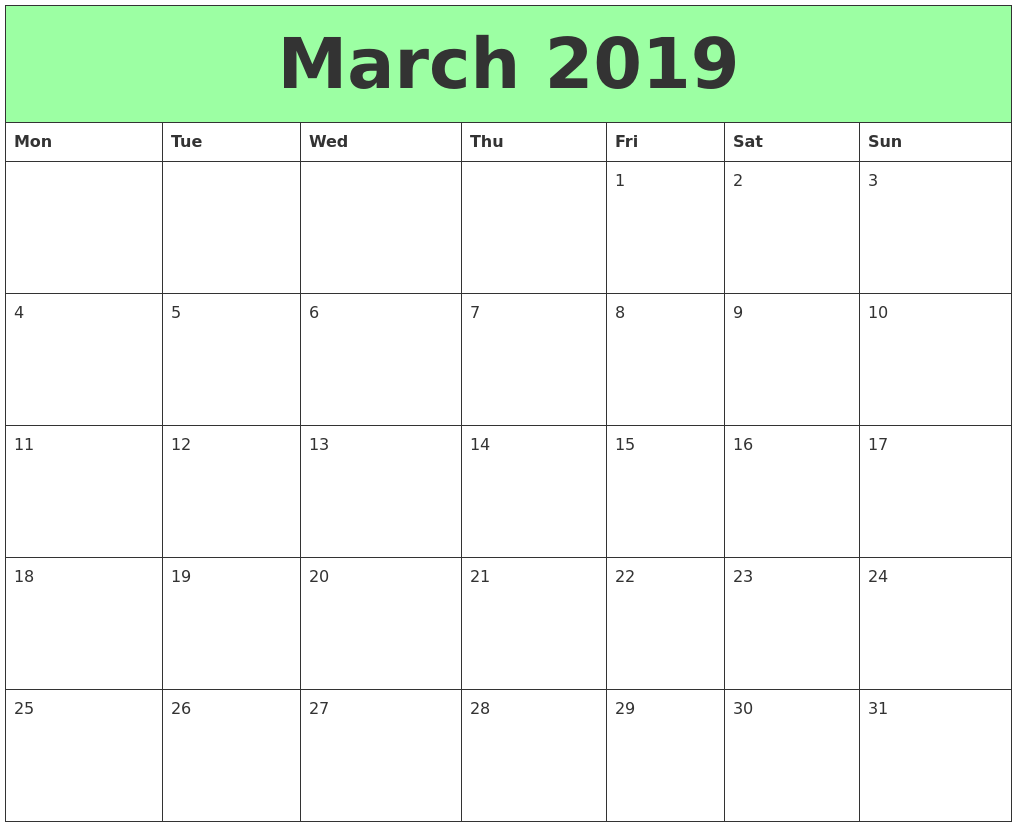 Editable March Calendar 2019