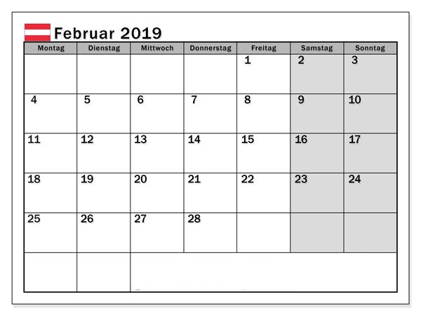 Februar Kalender 2019 Mit Feiertagen