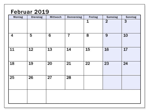 Februar Kalender 2019 Word Für Schulen